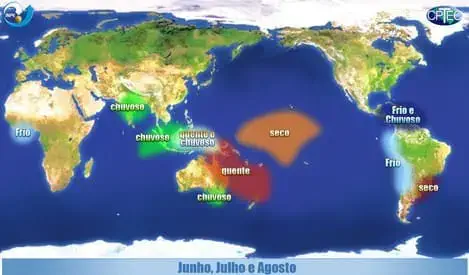 mapa-múndi que ilustra os padrões climáticos globais para o período de junho, julho e agosto. Sobre os cont
