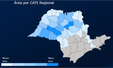 mapa coroplético do estado de São Paulo, com o título 'Área por CATI Regional'. O mapa está dividido em reg