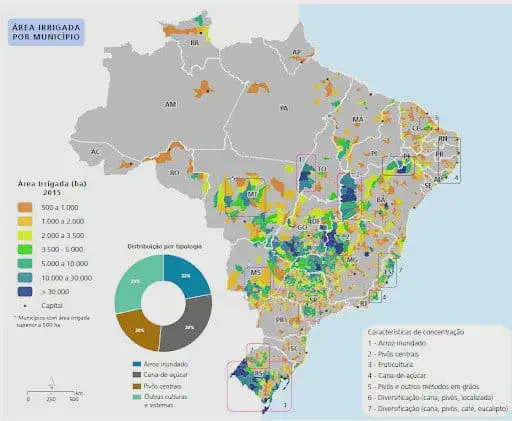 mapa temático do Brasil, datado de 2015, que ilustra a distribuição da área irrigada por município. Uti