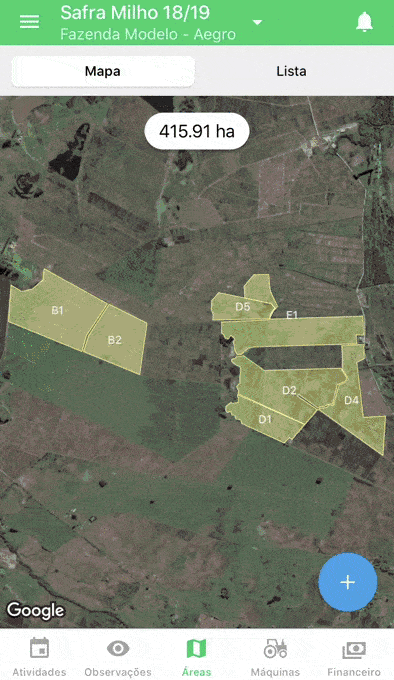 Mapa da Fazenda e Gestão de Talhões no App Aegro O GIF demonstra a funcionalidade de gerenciamento de áreas do aplicativo móvel Aegro. A tela exibe um mapa de satélite de uma