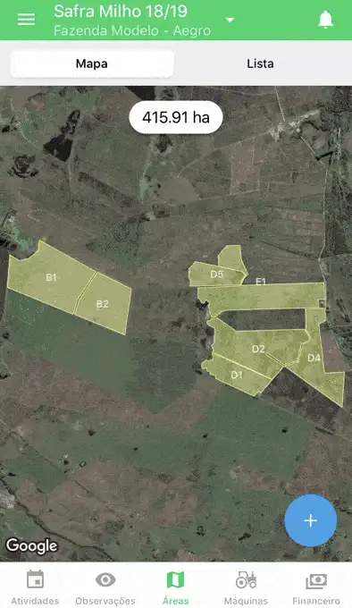 Mapa da Fazenda e Gestão de Talhões no App Aegro O GIF demonstra a funcionalidade de gerenciamento de áreas do aplicativo móvel Aegro. A tela exibe um mapa de satélite de uma