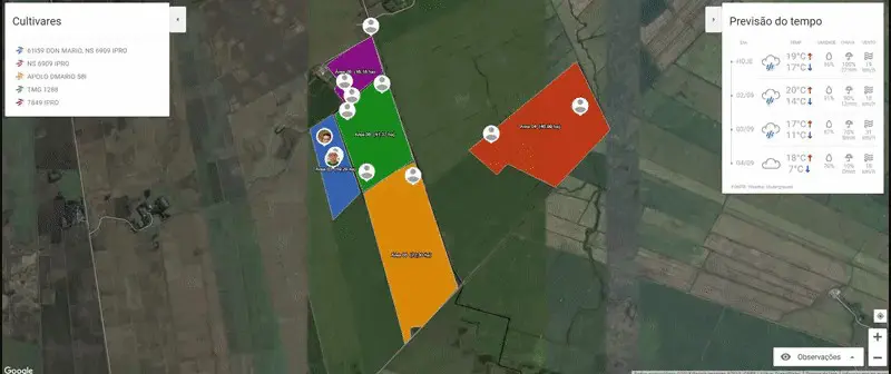 Mapa da Fazenda: Gestão de Talhões e Clima no Software Aegro interface de um software de gestão agrícola, mostrando um mapa de satélite de uma fazenda com vários talhões