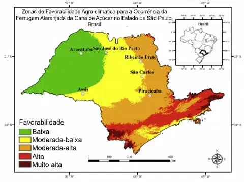mapa detalhado do estado de São Paulo, Brasil, que ilustra as zonas de favorabilidade agroclimática para a