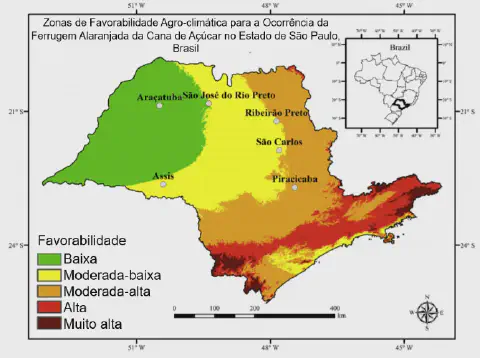mapa detalhado do estado de São Paulo, Brasil, que ilustra as zonas de favorabilidade agroclimática para a