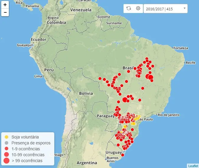 mapa da América do Sul, com foco no Brasil, ilustrando o monitoramento de uma doença na cultura da soja dur