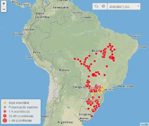 mapa da América do Sul, com foco no Brasil, ilustrando o monitoramento de uma doença na cultura da soja dur