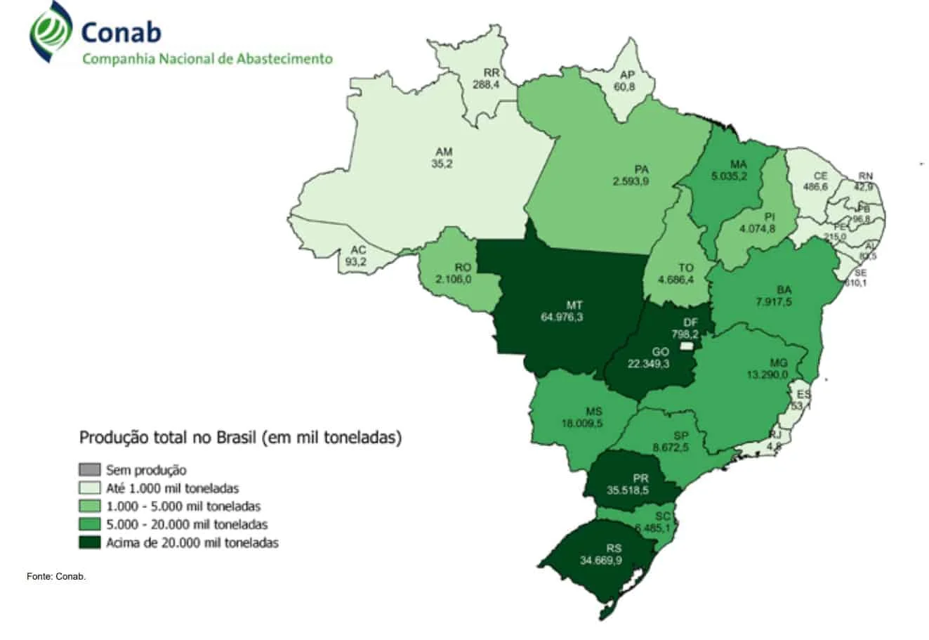 mapa temático do Brasil, elaborado pela Conab (Companhia Nacional de Abastecimento), que ilustra a produção