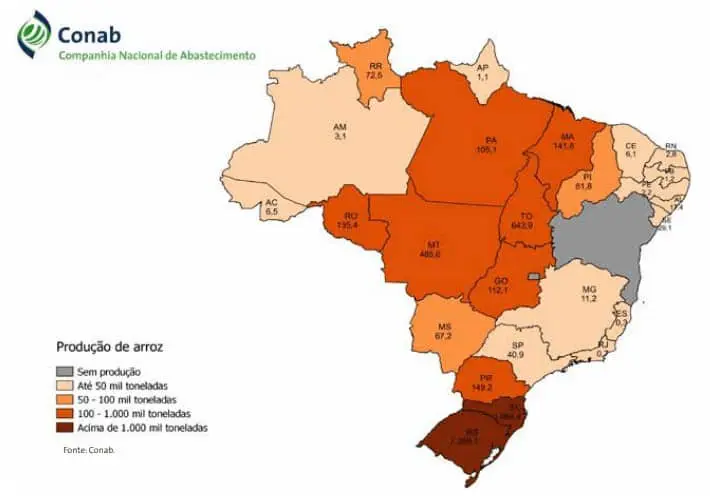 mapa temático do Brasil, elaborado pela Conab (Companhia Nacional de Abastecimento), que detalha a produção
