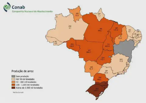 mapa temático do Brasil, elaborado pela Conab (Companhia Nacional de Abastecimento), que detalha a produção