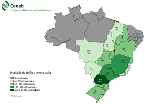 mapa do Brasil, elaborado pela Conab (Companhia Nacional de Abastecimento), que ilustra a produção de feijã