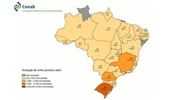 mapa do Brasil, elaborado pela Companhia Nacional de Abastecimento (Conab), que detalha a produção de m