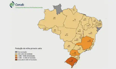 mapa do Brasil, elaborado pela Companhia Nacional de Abastecimento (Conab), que detalha a produção de m