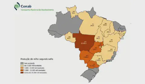 mapa do Brasil, elaborado pela Conab (Companhia Nacional de Abastecimento), que ilustra a produção de milho