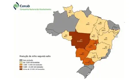 mapa do Brasil, elaborado pela Conab (Companhia Nacional de Abastecimento), que ilustra a produção de milho