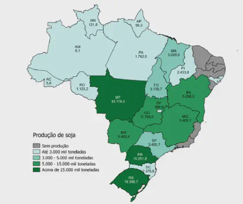 mapa coroplético do Brasil, detalhando a produção de soja por estado em milhares de toneladas. Utilizando u