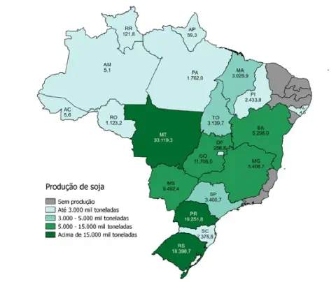 mapa coroplético do Brasil, detalhando a produção de soja por estado em milhares de toneladas. Utilizando u