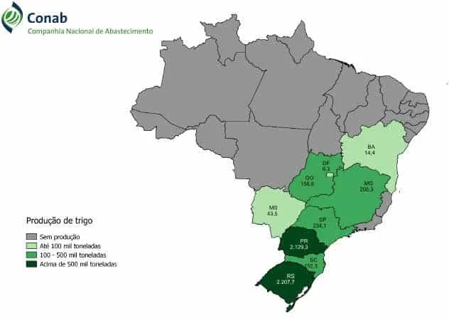 Mapa da Produção de Trigo no Brasil por Estado | Conab mapa do Brasil, elaborado pela Conab (Companhia Nacional de Abastecimento), que ilustra a produção de trigo