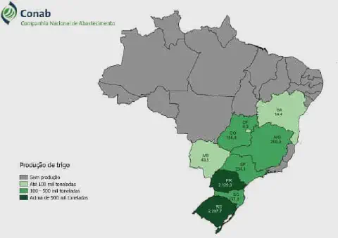 mapa do Brasil, elaborado pela Conab (Companhia Nacional de Abastecimento), que ilustra a produção de trigo