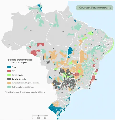 Mapa das culturas irrigadas predominantes no Brasil por município