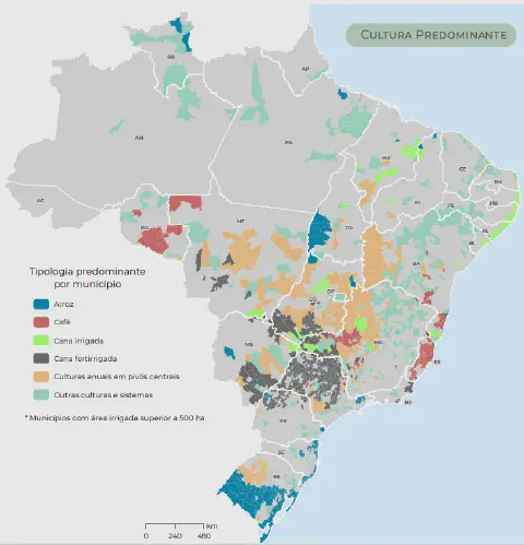 Mapa das culturas irrigadas predominantes no Brasil por município
