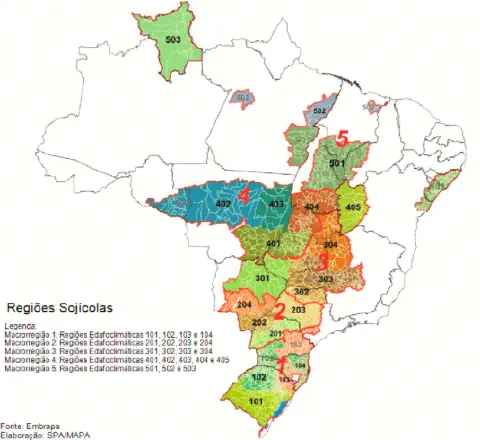 mapa do Brasil que detalha o zoneamento agrícola para o cultivo de soja, intitulado 'Regiões Sojícolas'. De