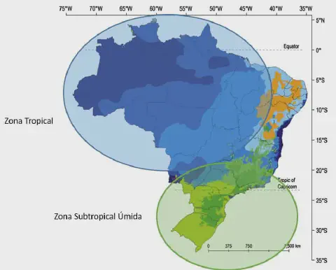 mapa climático do Brasil, destacando suas principais zonas climáticas. Utilizando uma paleta de cores varia