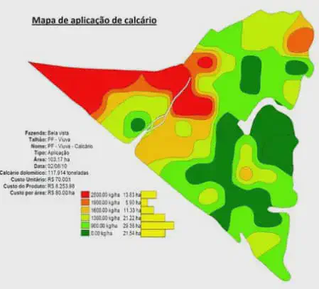 'Mapa de aplicação de calcário', uma ferramenta da agricultura de precisão. Ele detalha a distribuição de c