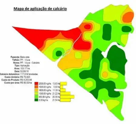 'Mapa de aplicação de calcário', uma ferramenta da agricultura de precisão. Ele detalha a distribuição de c