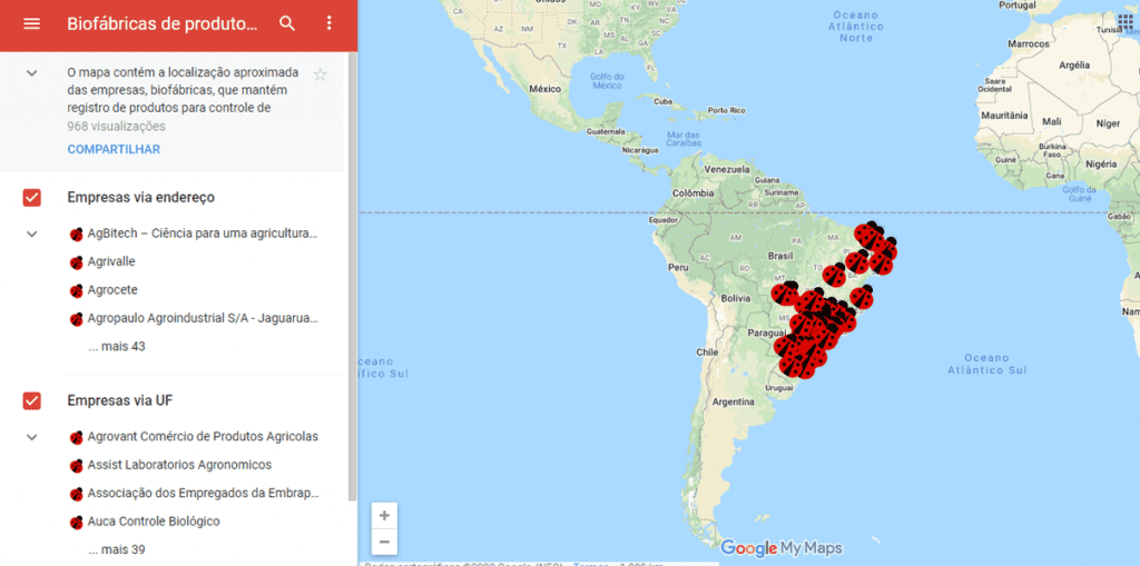 uma captura de tela da plataforma Google My Maps, mostrando um mapa interativo intitulado ‘Biofábricas de prod