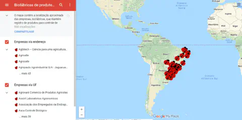 uma captura de tela da plataforma Google My Maps, mostrando um mapa interativo intitulado 'Biofábricas de prod