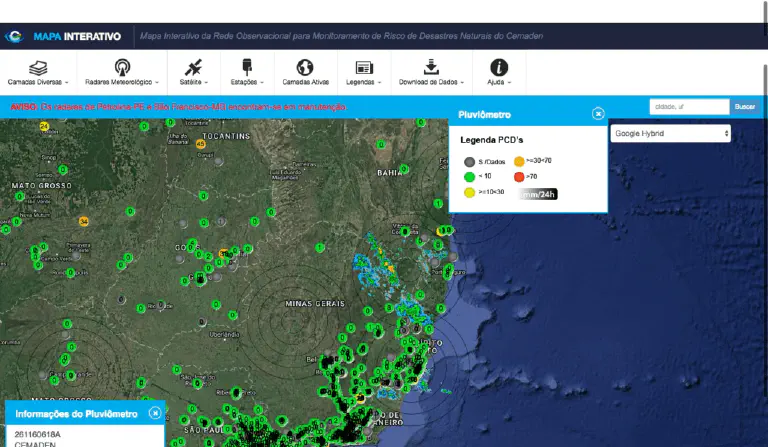 Mapa de Chuva: Monitoramento Agrícola com Dados do Cemaden a interface do 'Mapa Interativo' do Cemaden (Centro Nacional de Monitoramento e Alertas de Desastres Naturais)