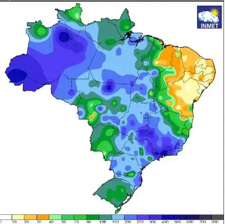 mapa de precipitação acumulada do Brasil, fornecido pelo INMET (Instituto Nacional de Meteorologia). Utiliz