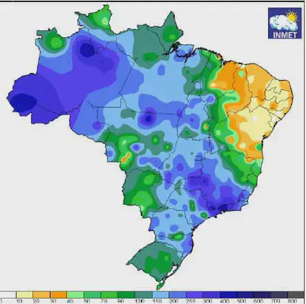 mapa de precipitação acumulada do Brasil, fornecido pelo INMET (Instituto Nacional de Meteorologia). Utiliz