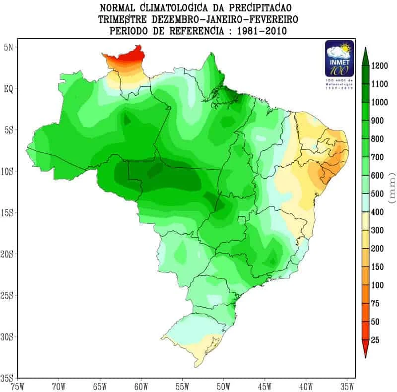 mapa climatológico do Brasil, elaborado pelo INMET, que ilustra a normal da precipitação para o trimestre d