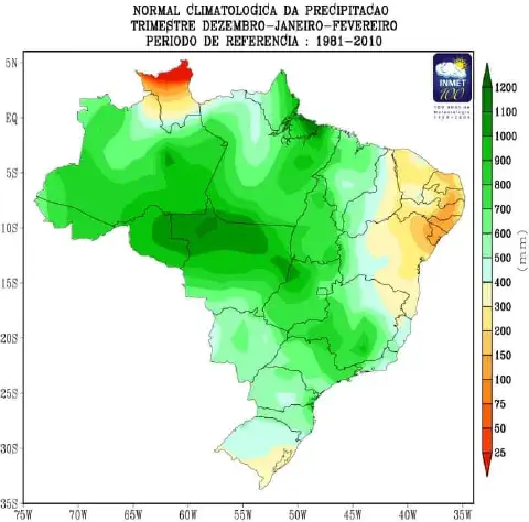 mapa climatológico do Brasil, elaborado pelo INMET, que ilustra a normal da precipitação para o trimestre d