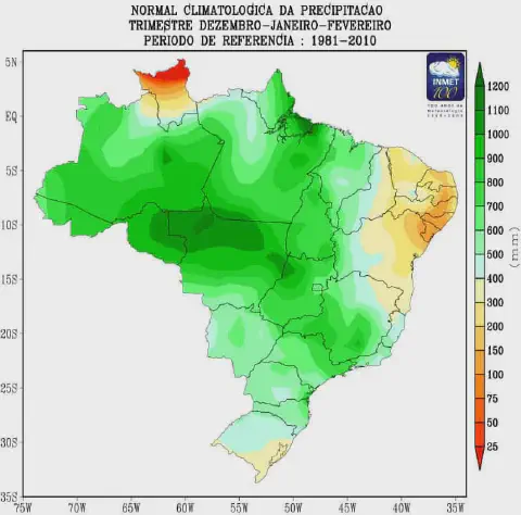 mapa climatológico do Brasil, elaborado pelo INMET, que ilustra a normal da precipitação para o trimestre d