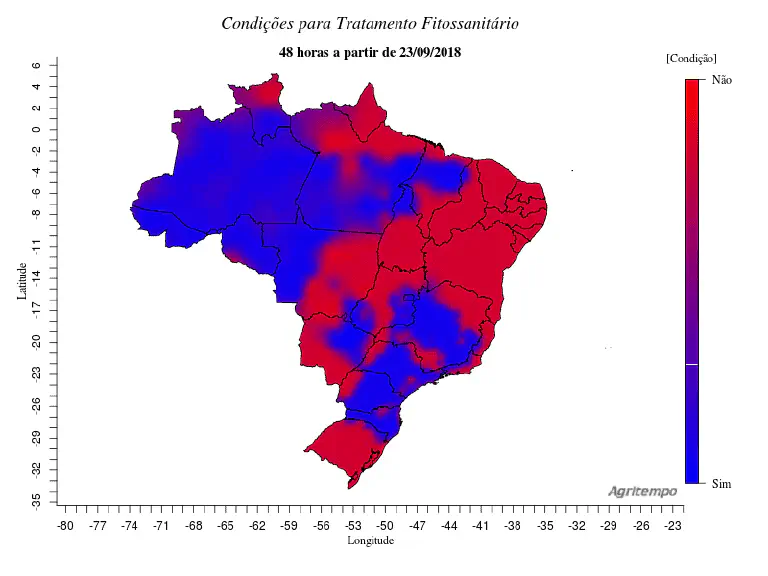 Mapa de Condições para Tratamento Fitossanitário no Brasil mapa do Brasil com um gradiente de cores que representa as condições para a realização de tratamentos fitos