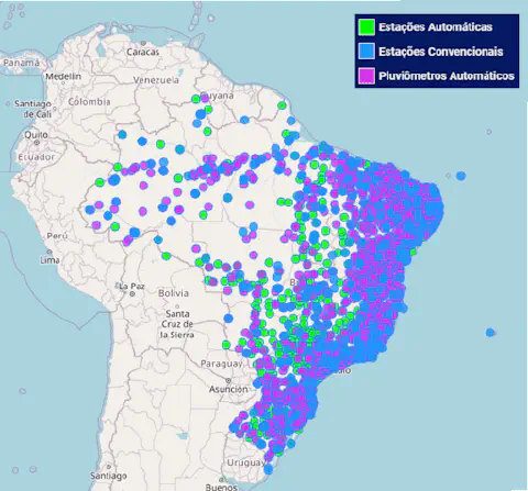 mapa geográfico do Brasil e de parte da América do Sul, destacando a distribuição de pontos de coleta de da