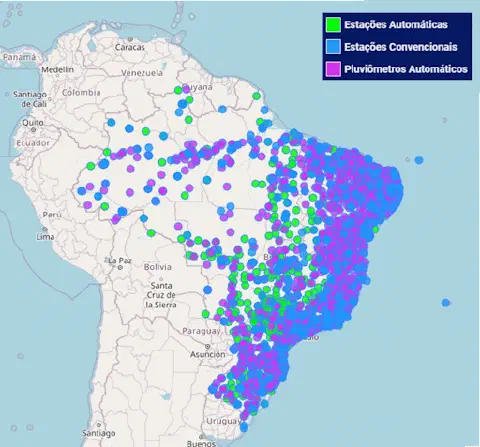 mapa geográfico do Brasil e de parte da América do Sul, destacando a distribuição de pontos de coleta de da