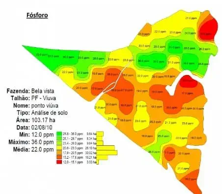 mapa de análise de solo focado nos níveis de Fósforo (P) em um talhão de 103.17 hectares da Fazenda Bela Vi