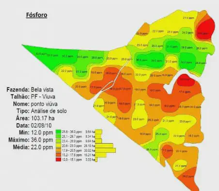 mapa de análise de solo focado nos níveis de Fósforo (P) em um talhão de 103.17 hectares da Fazenda Bela Vi