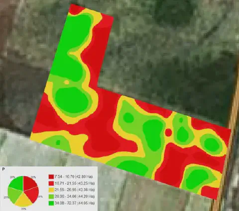 mapa de variabilidade de nutrientes sobreposto a uma imagem de satélite de um talhão agrícola em formato de