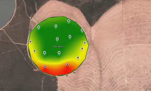 uma vista aérea de uma área agrícola, especificamente um campo irrigado por pivô central, sobreposta com um ma