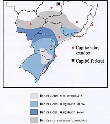 mapa temático das regiões Sul, Sudeste e parte do Centro-Oeste do Brasil, ilustrando a frequência de ocorrê