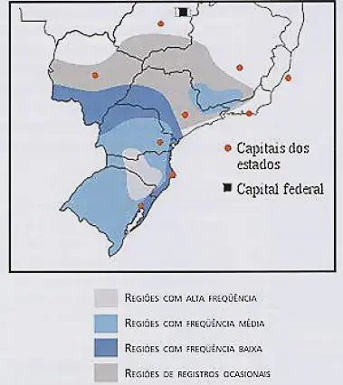 mapa temático das regiões Sul, Sudeste e parte do Centro-Oeste do Brasil, ilustrando a frequência de ocorrê