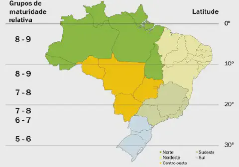 mapa do Brasil dividido por regiões geográficas, cada uma identificada por uma cor distinta conforme a lege