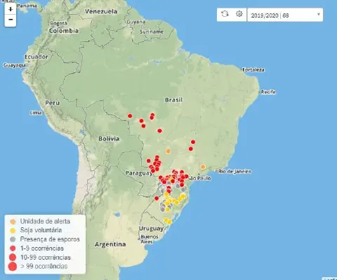 Mapa de monitoramento da ferrugem da soja no Brasil, com focos da doença indicados por pontos coloridos.
