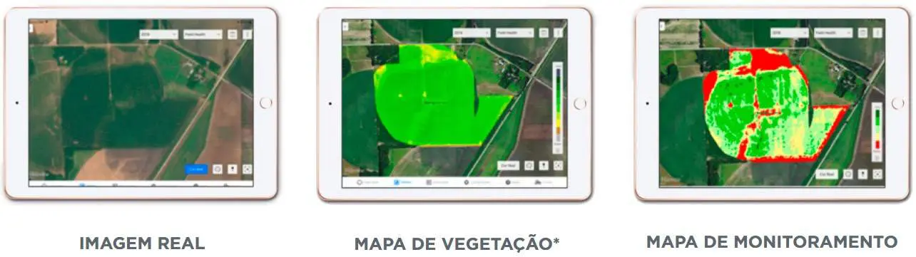 uma comparação em três etapas do monitoramento de uma lavoura por meio de um software em um tablet. A primeira