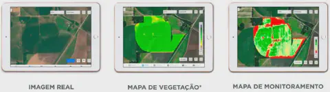 uma comparação em três etapas do monitoramento de uma lavoura por meio de um software em um tablet. A primeira