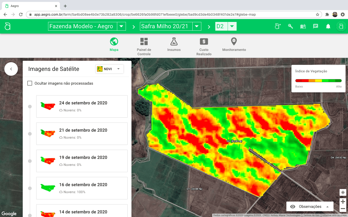 a interface do software de gestão agrícola Aegro, especificamente a funcionalidade de análise de imagens de sa